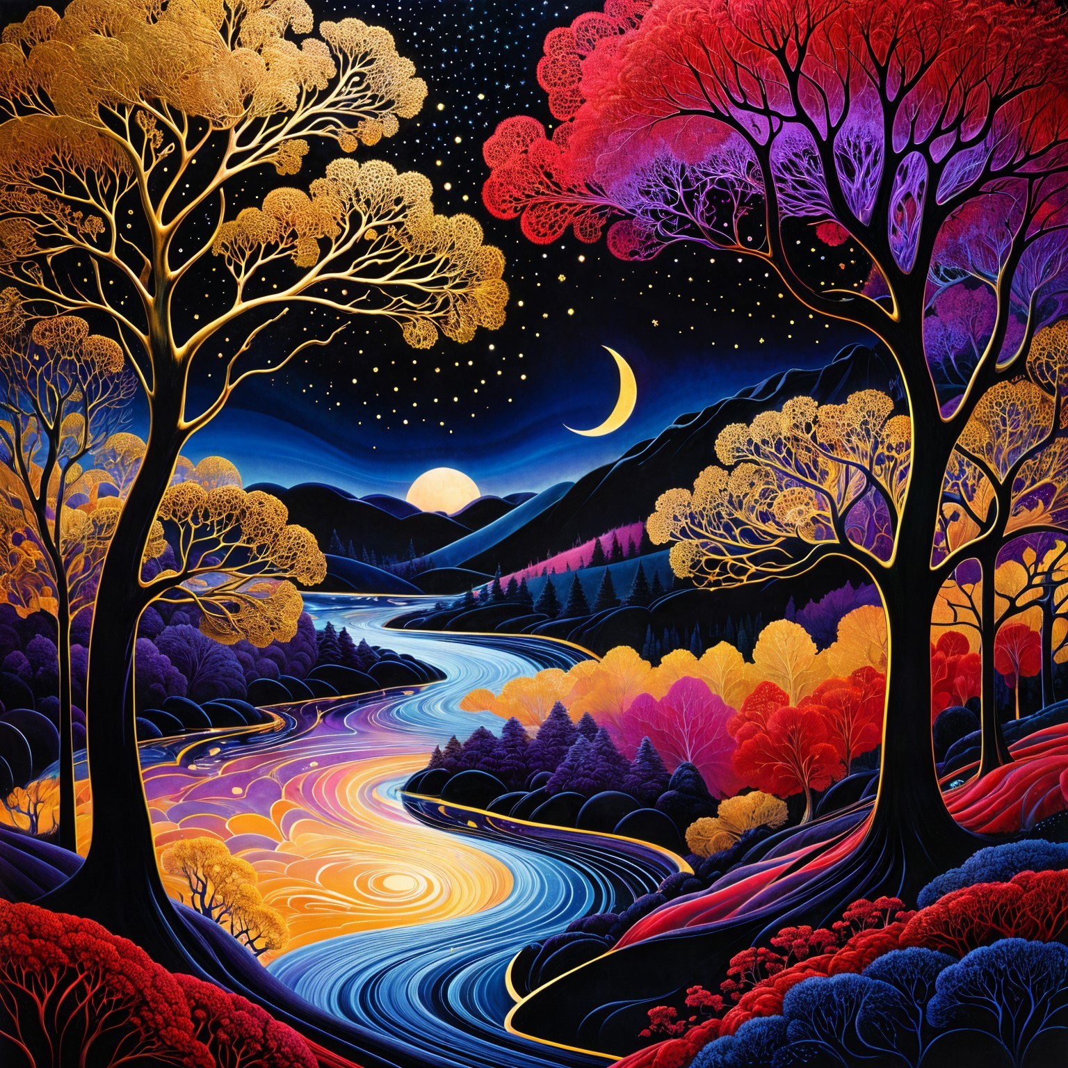 Moonlit River Landscape with Colorful Trees and Stars