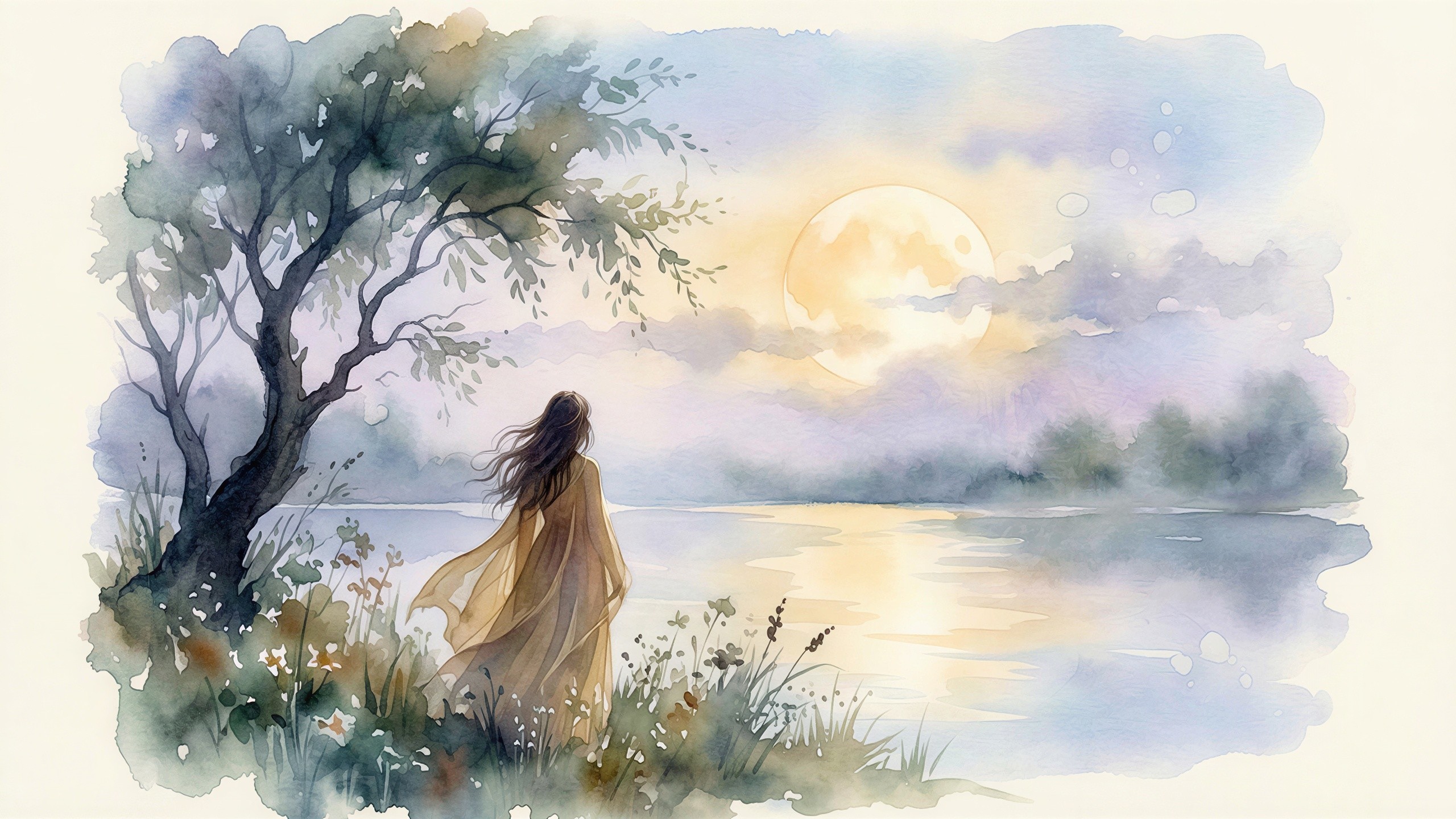 Watercolor Painting of Woman by Water at Dusk