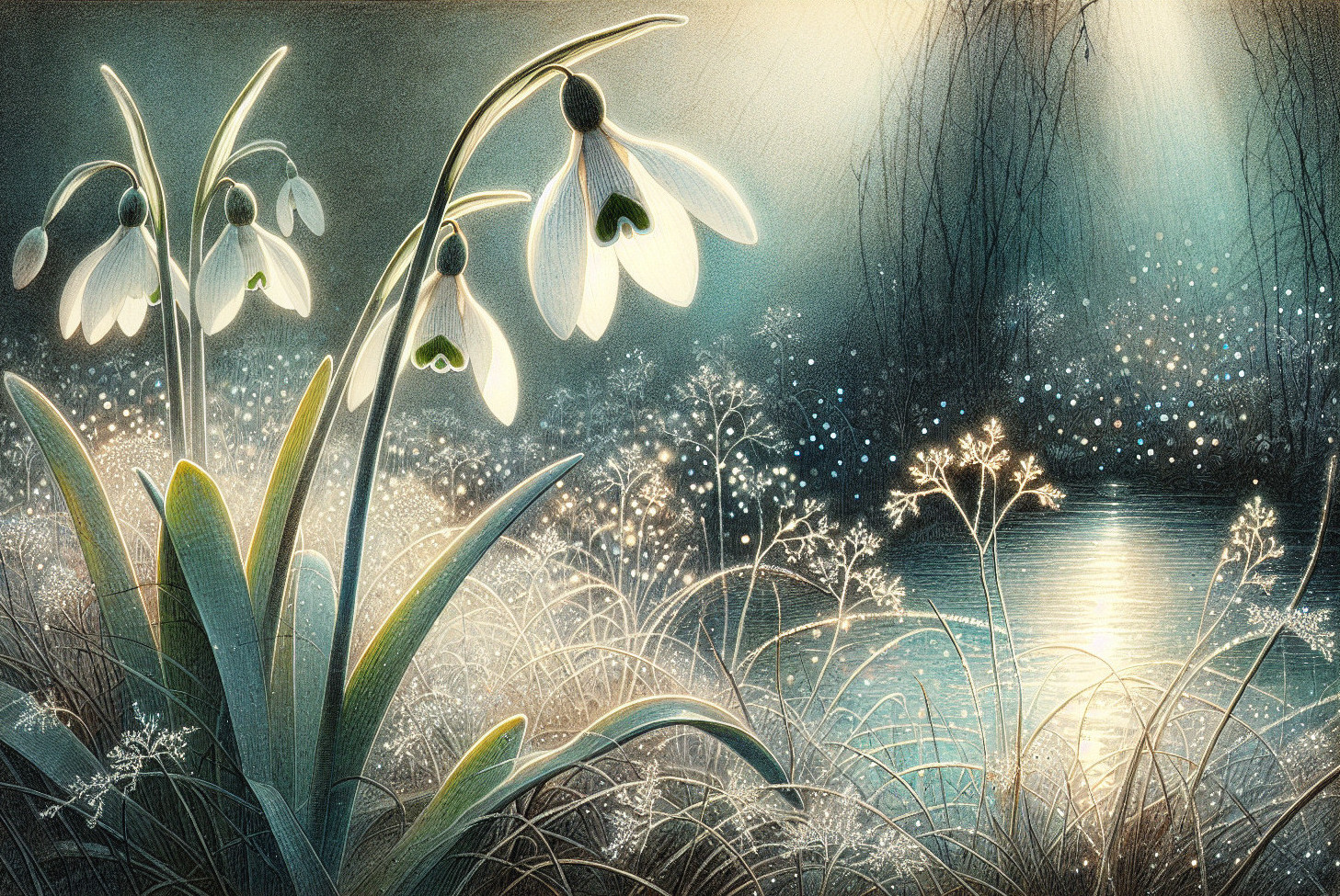 Nocturnal Scene of Snowdrop Flowers and Moonlight