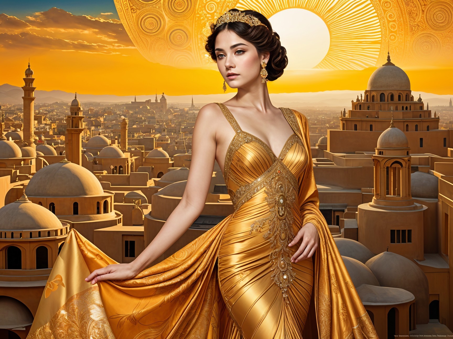 Graceful Woman in Golden Gown at Sunset Cityscape