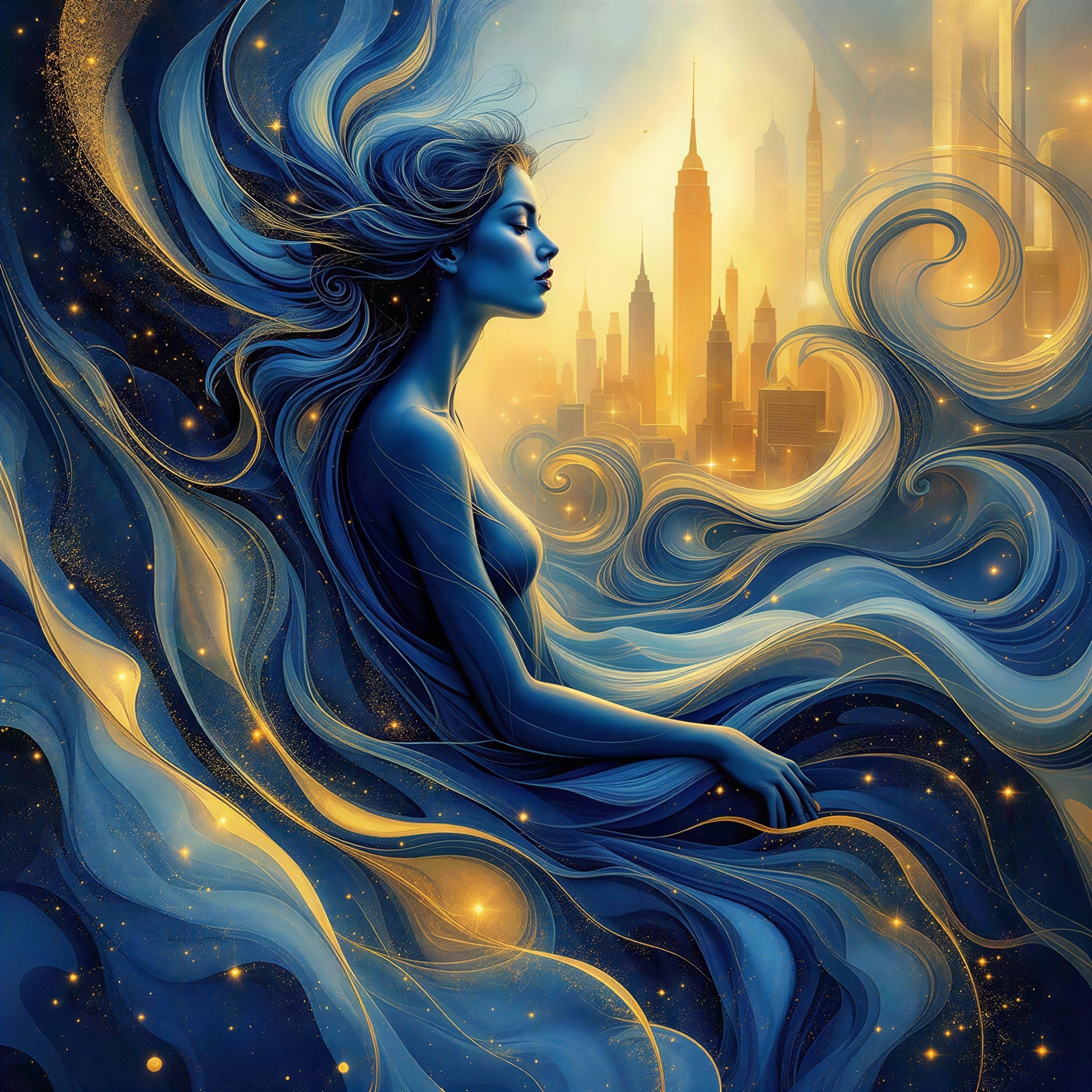Digital Artwork of a Serene Woman with Blue Skin