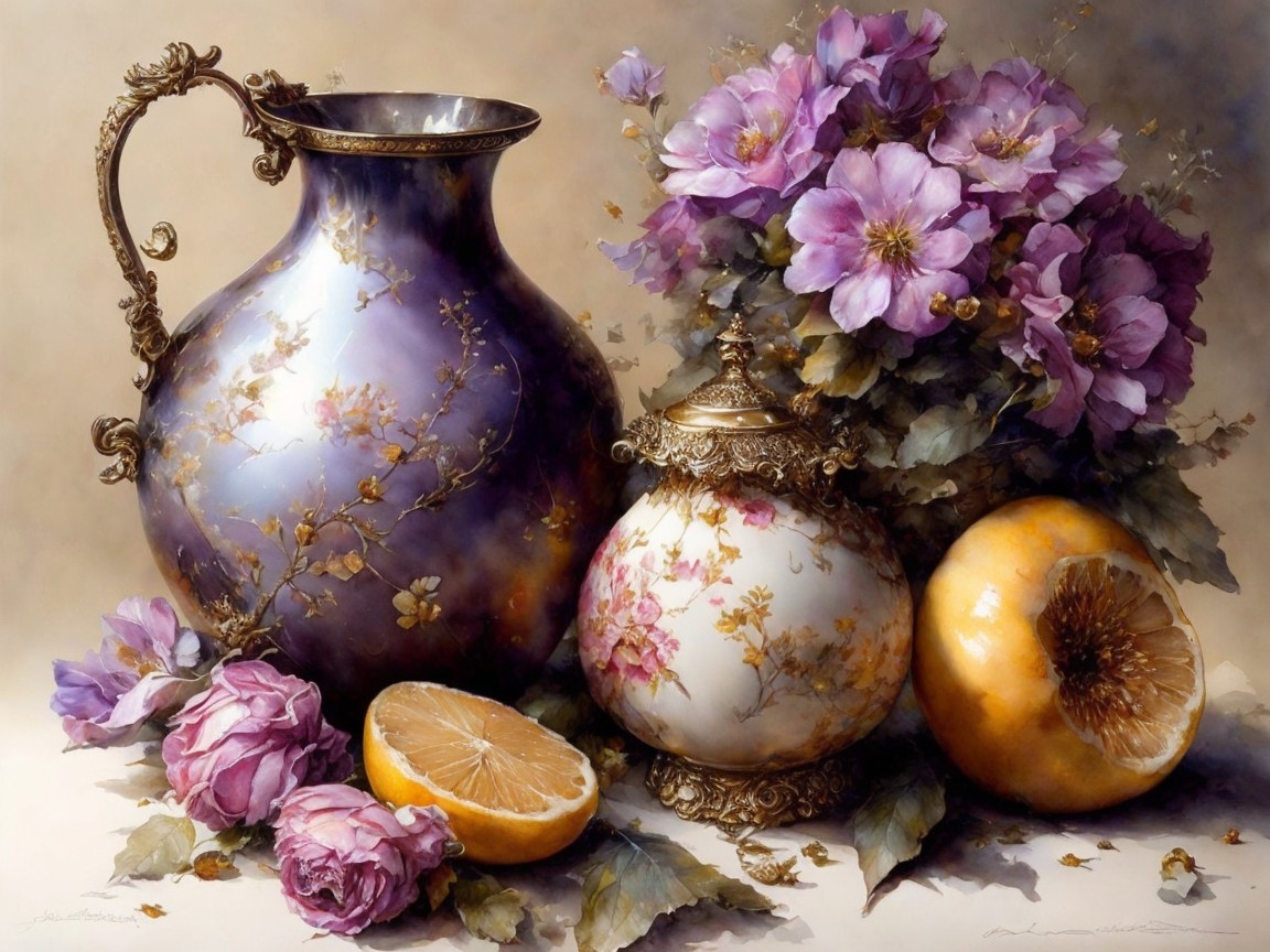 Still Life with Purple Pitcher, Flowers, and Orange