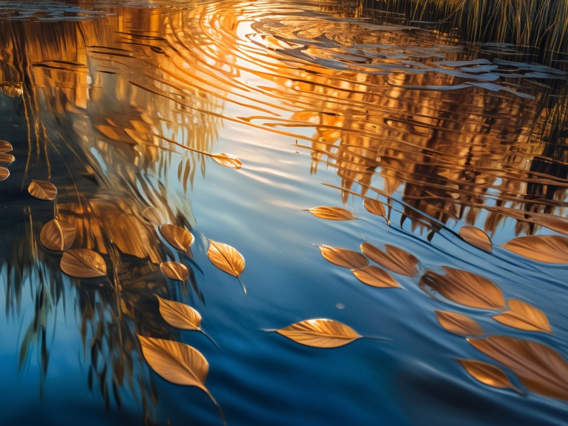 Serene Water Scene with Floating Golden Leaves