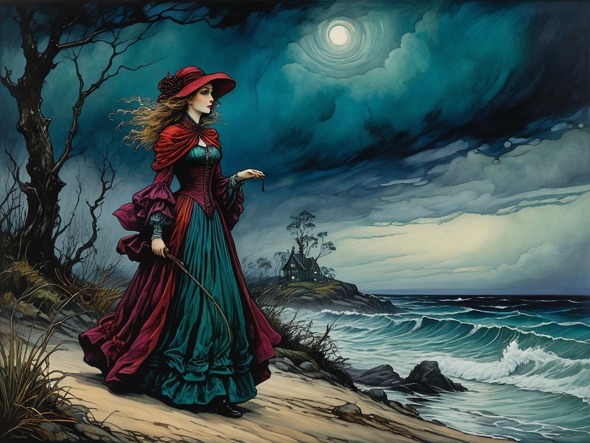 Mysterious Woman in Vibrant Dress on Moonlit Shoreline
