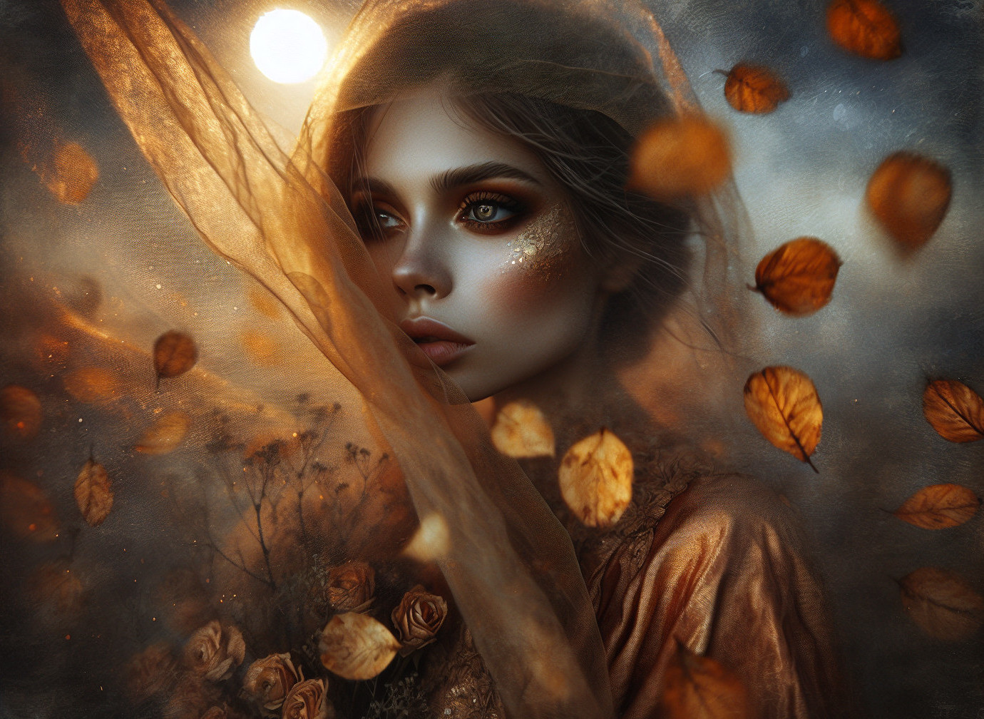 Dreamy Portrait of a Woman with Autumn Leaves