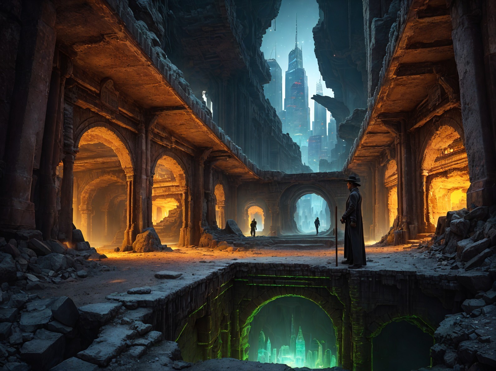Ancient Arches in a Futuristic Cityscape Setting