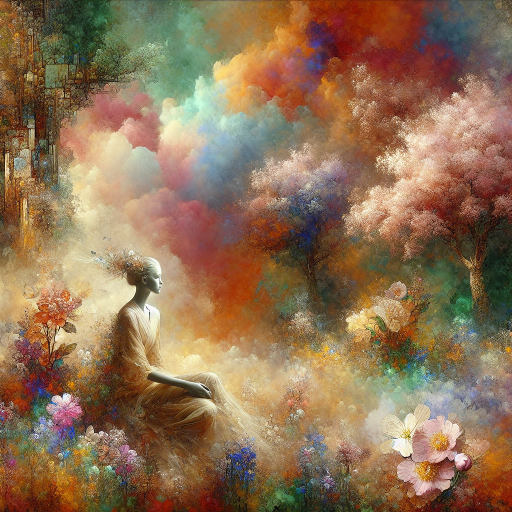 Serene Figure in Vibrant Landscape with Colorful Clouds