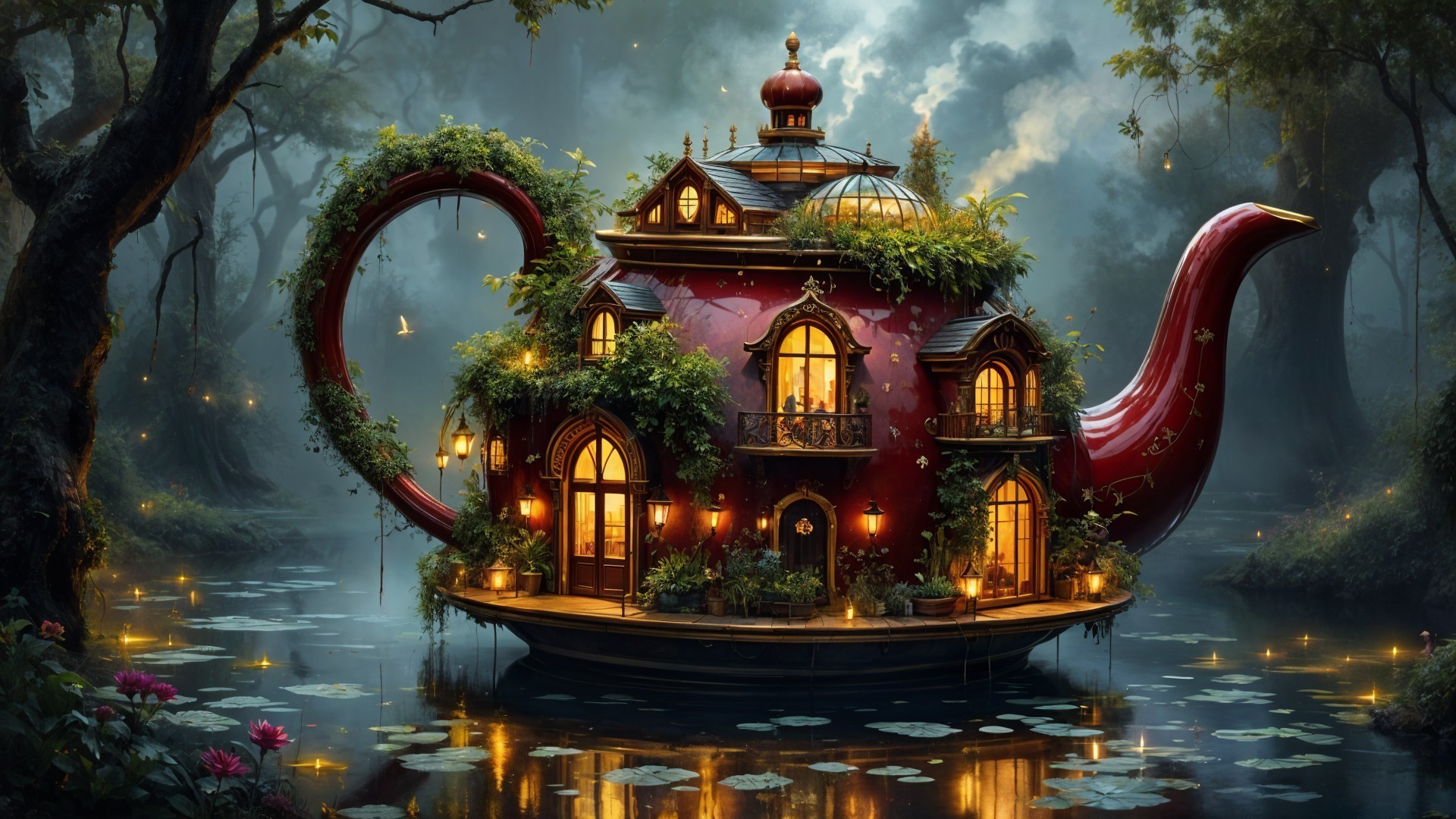 Teapot-Shaped House by Tranquil Lake and Greenery