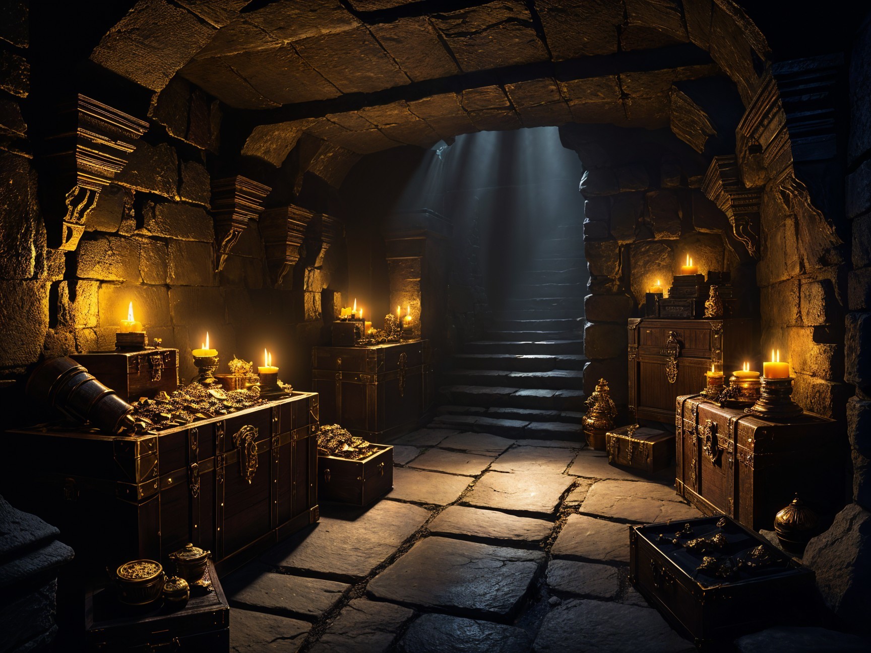 Dimly Lit Stone Chamber with Treasure Chests and Jewels
