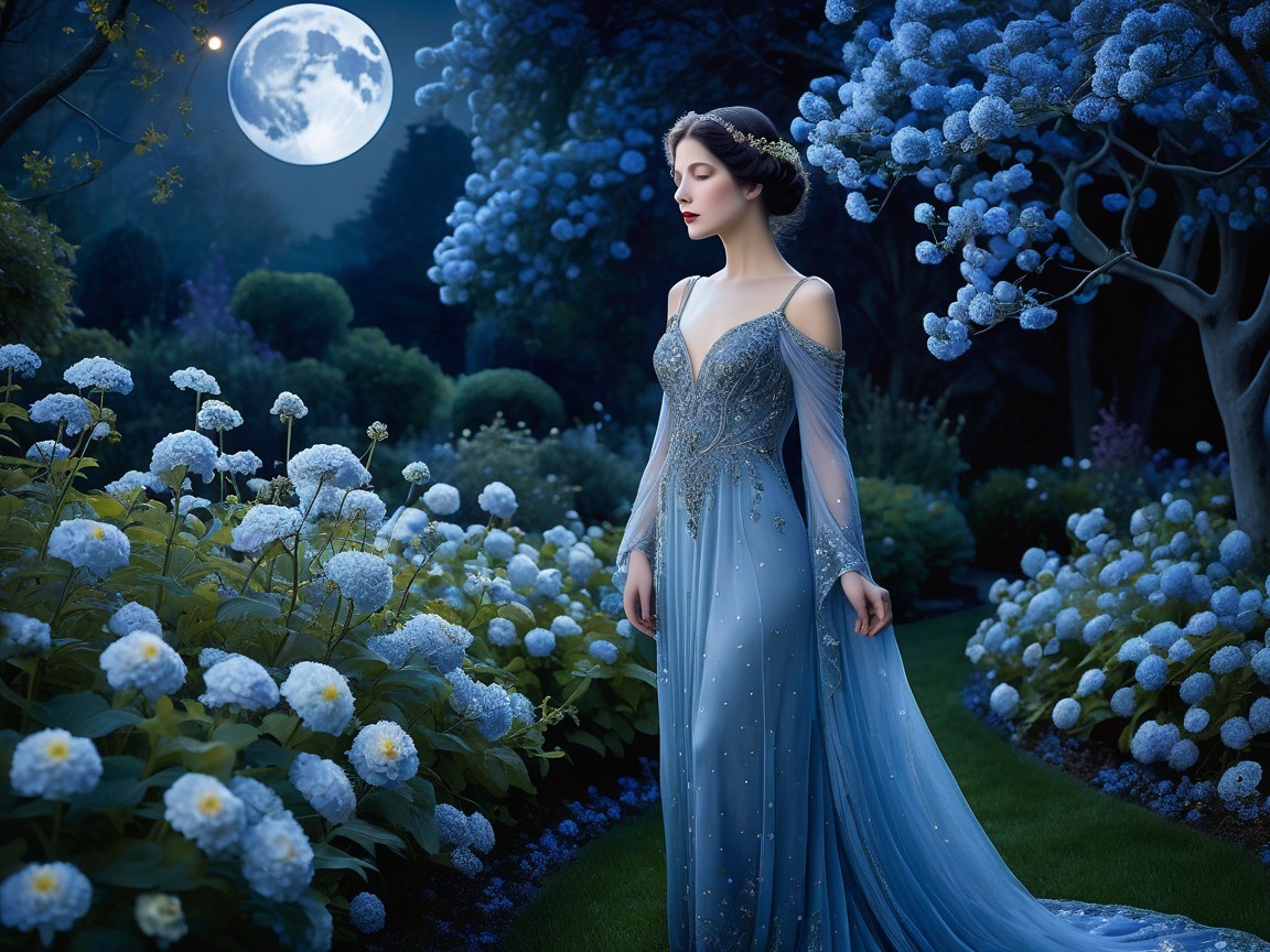 Serene Night Scene with Woman in Blue Gown and Hydrangeas