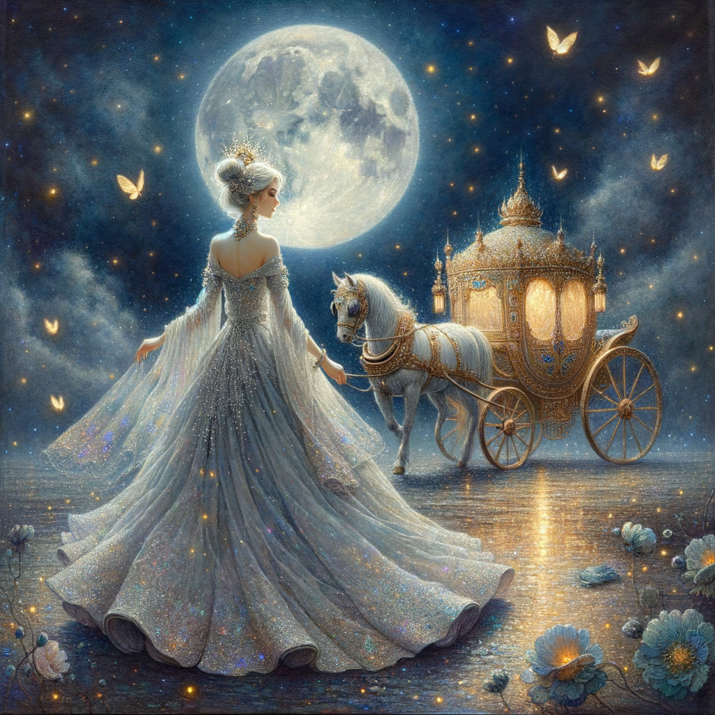 Princess by Moonlit Lake with Carriage and Butterflies