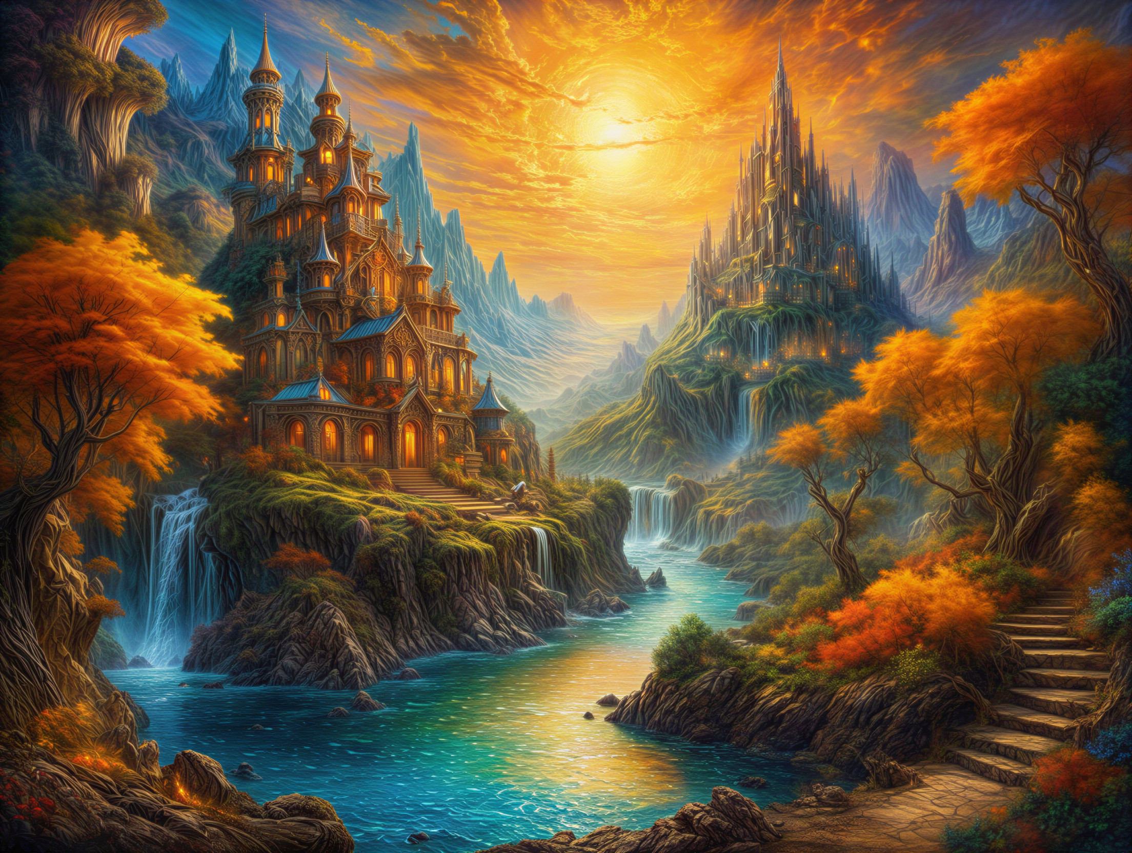 Ornate castles in a colorful, tranquil landscape