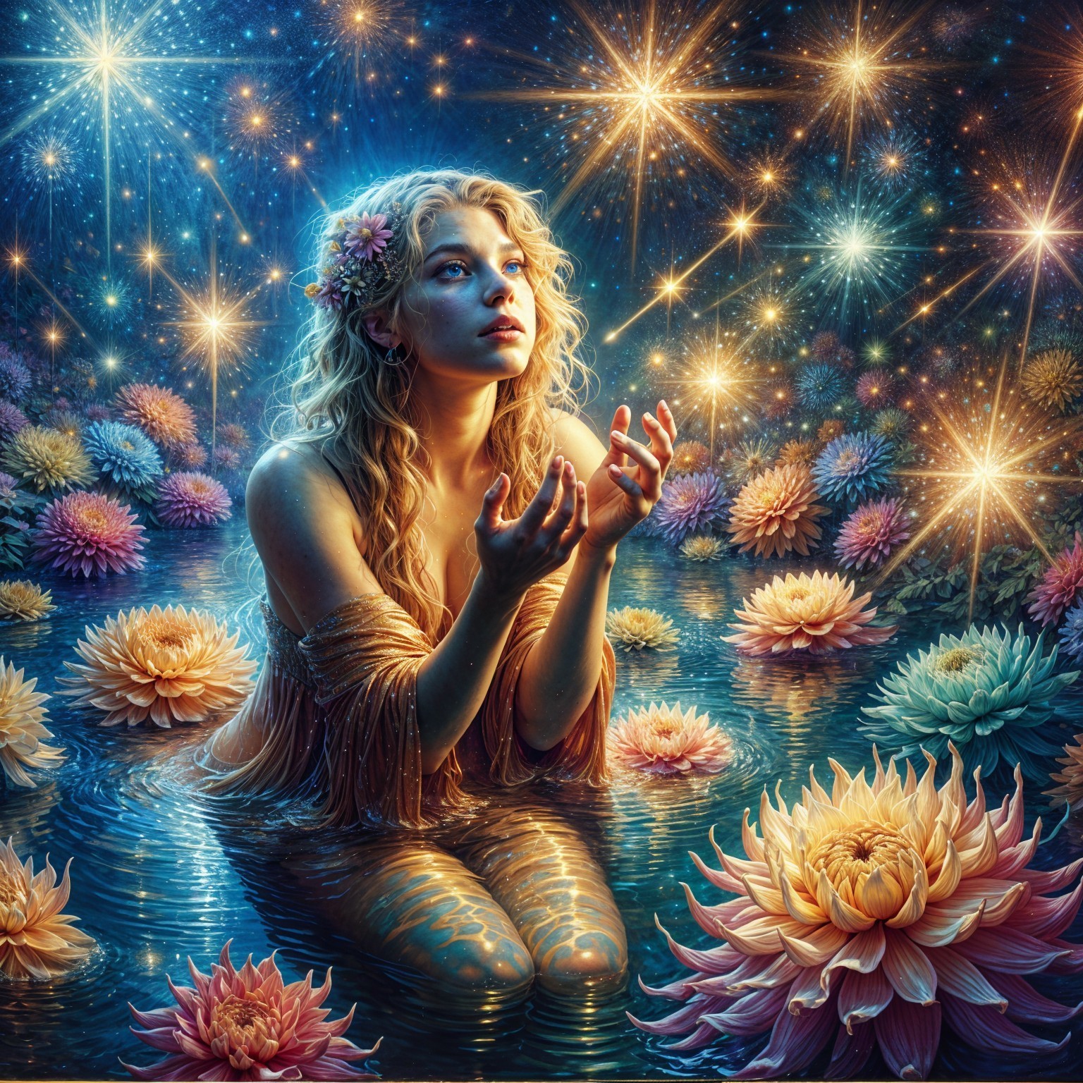 Young Woman in Tranquil Pond with Lotus Flowers