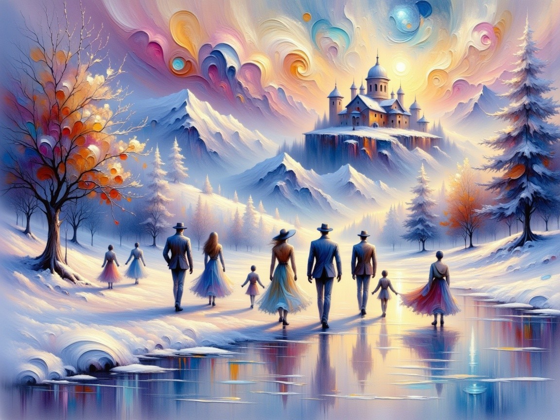 Winter Family Walk in a Scenic Mountain Landscape