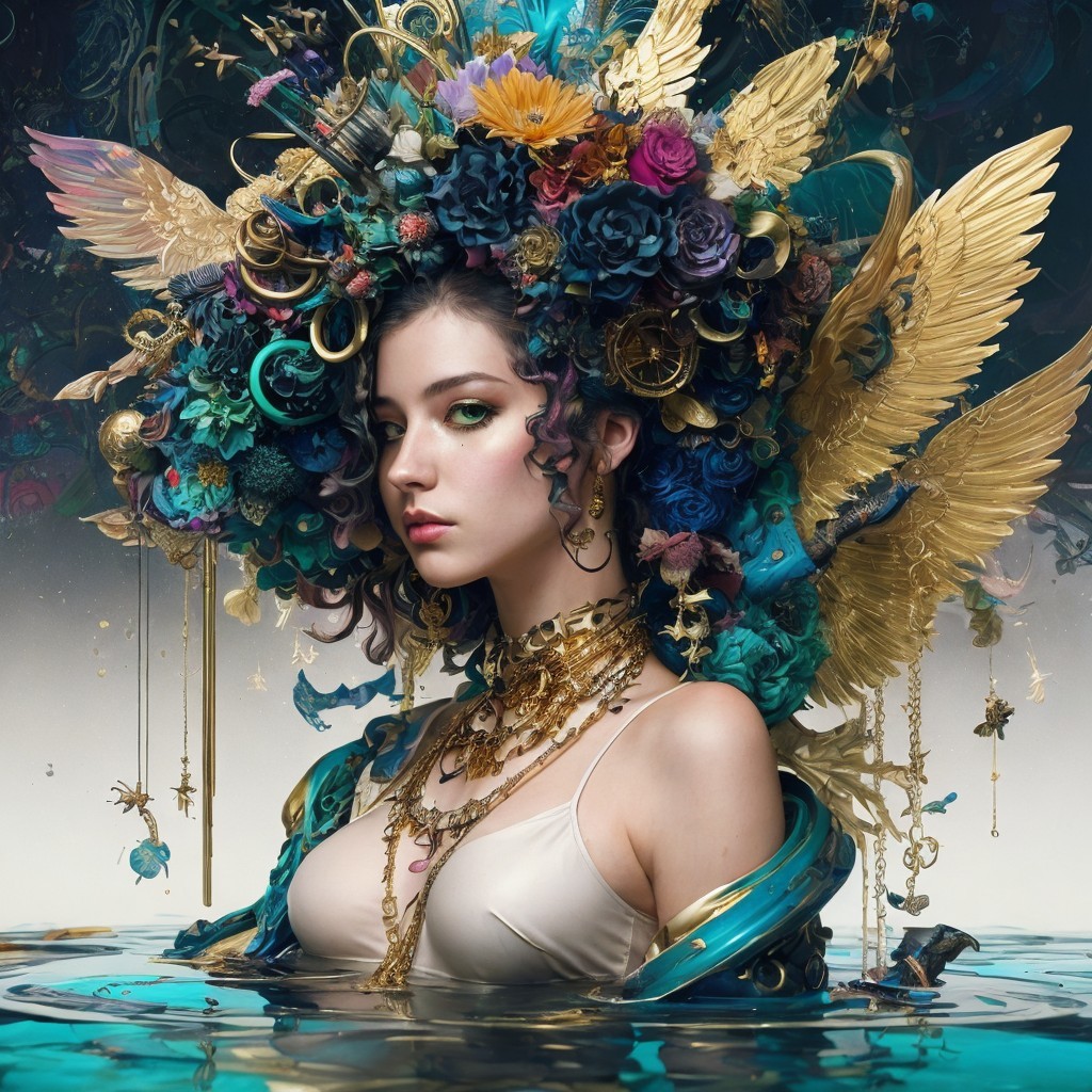 Ethereal figure with floral headdress and golden wings
