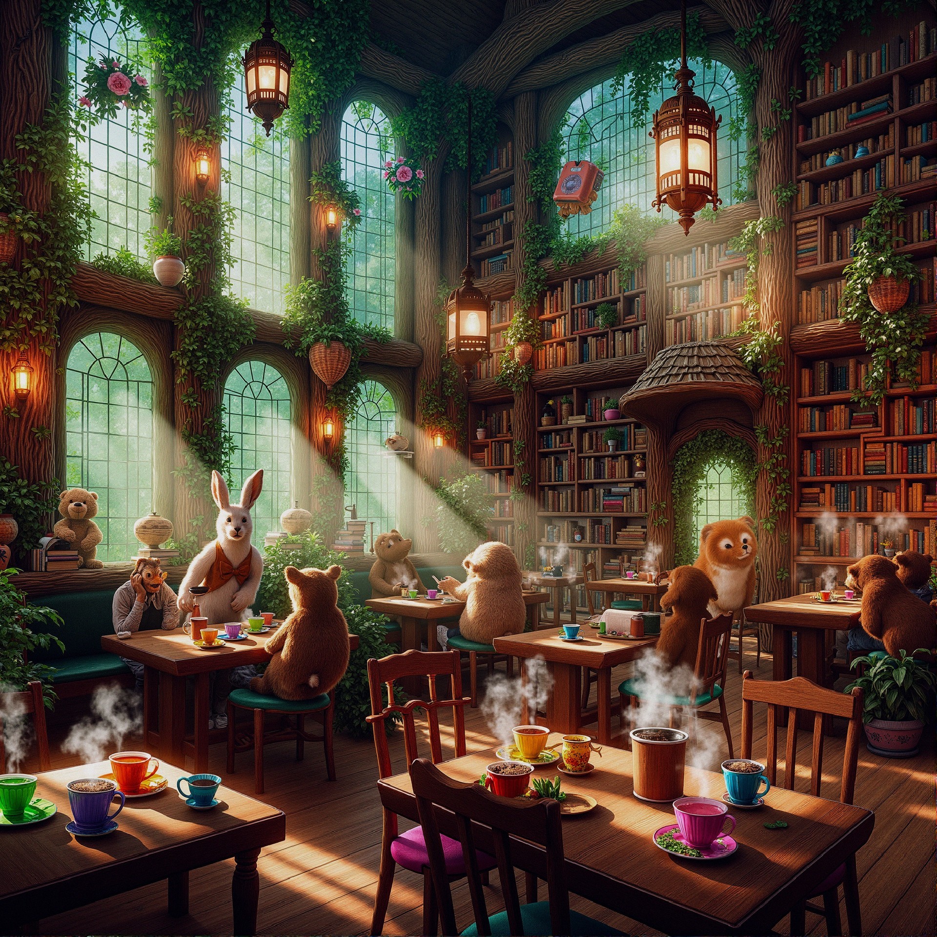 Cozy Library Scene with Animals Enjoying Tea