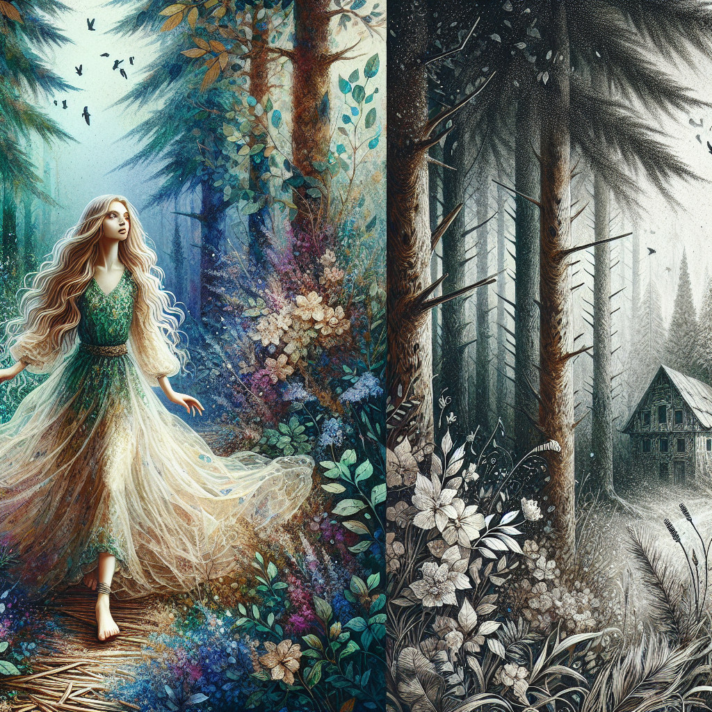 Dreamy Split Scene of Whimsical and Dark Forests