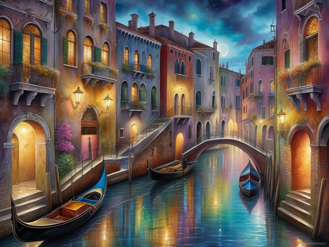 Serene Venetian Canal at Night with Soft Lighting