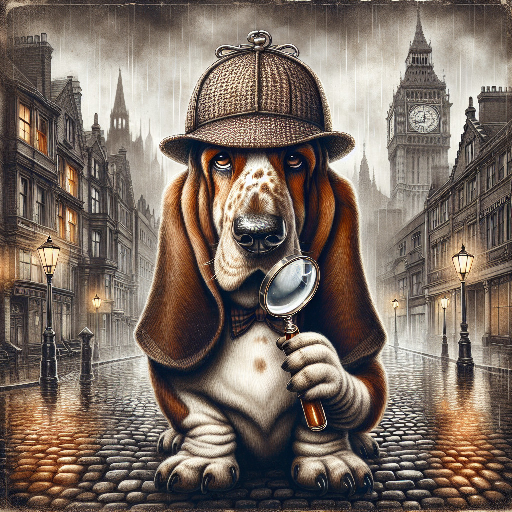 Basset Hound Detective in Foggy London Setting