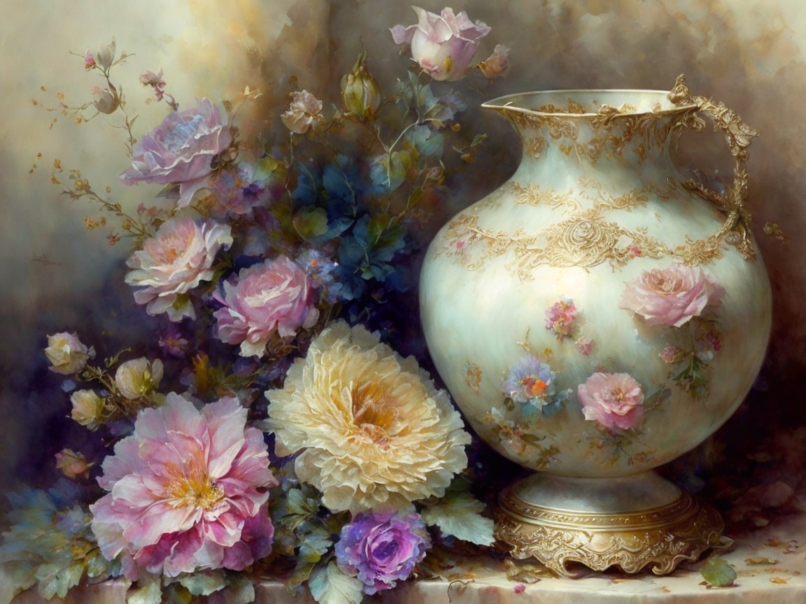 Porcelain Vase with Gold Patterns and Blooming Flowers
