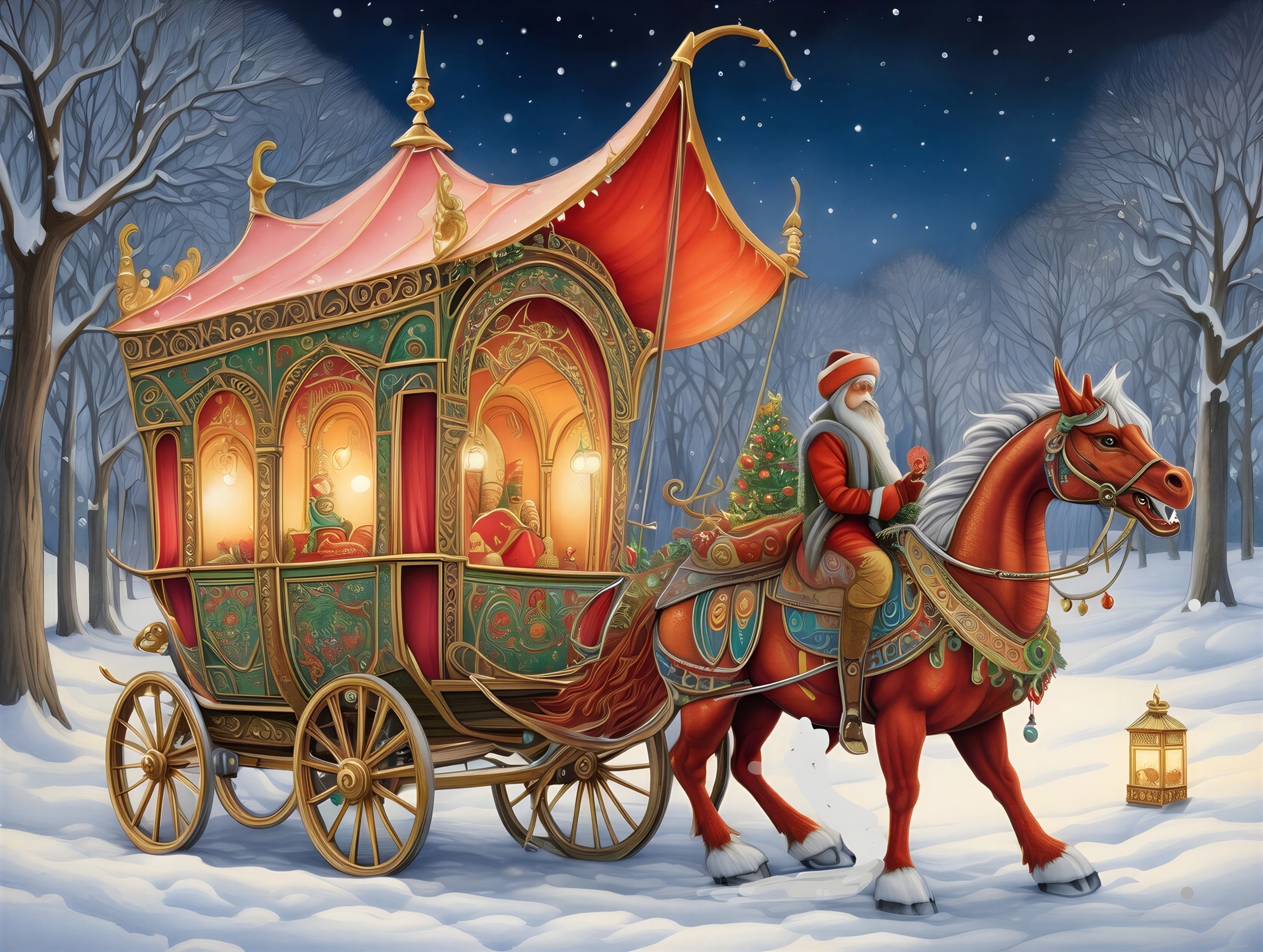 Santa Claus in a decorated horse-drawn sleigh in snow