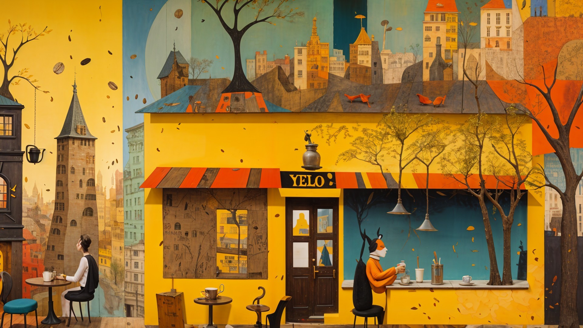 Whimsical café scene with vibrant murals and autumn trees