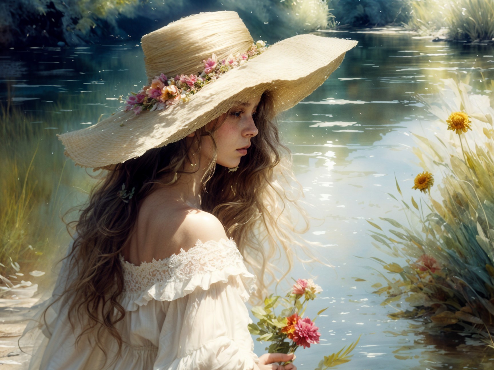 Young Woman by Tranquil River in Floral Hat