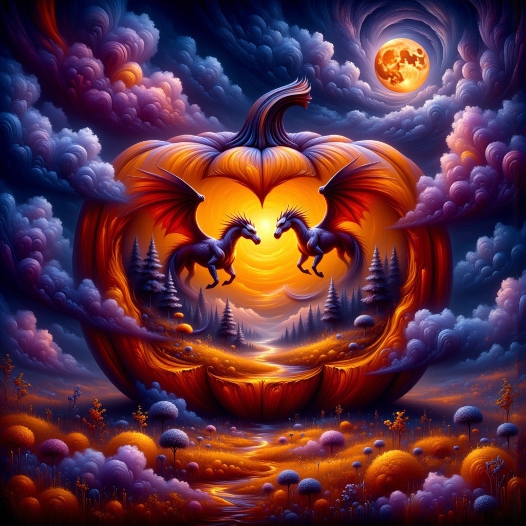 Whimsical Pumpkin and Ethereal Unicorns in Night Sky