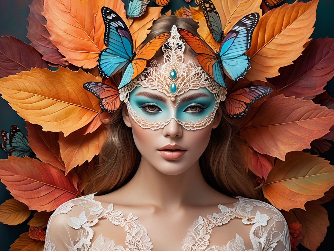 Elegant Young Woman in Lace Mask Surrounded by Autumn Leaves
