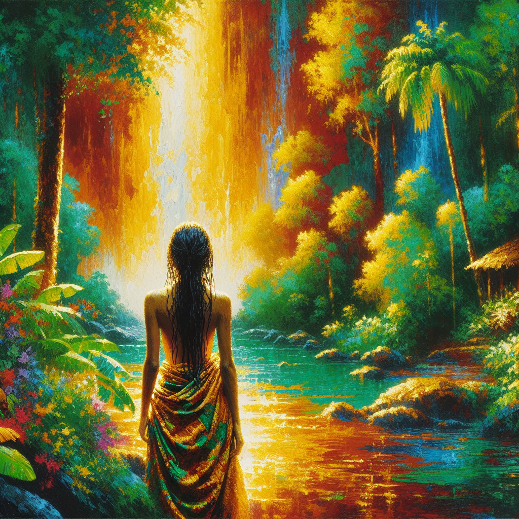 Vibrant Figure by a Waterfall in Lush Greenery