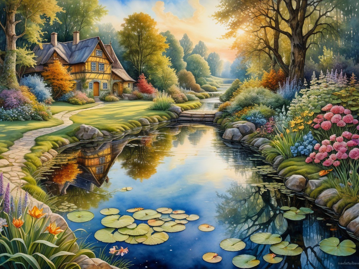 Charming Cottage by a Flowing Stream in Nature