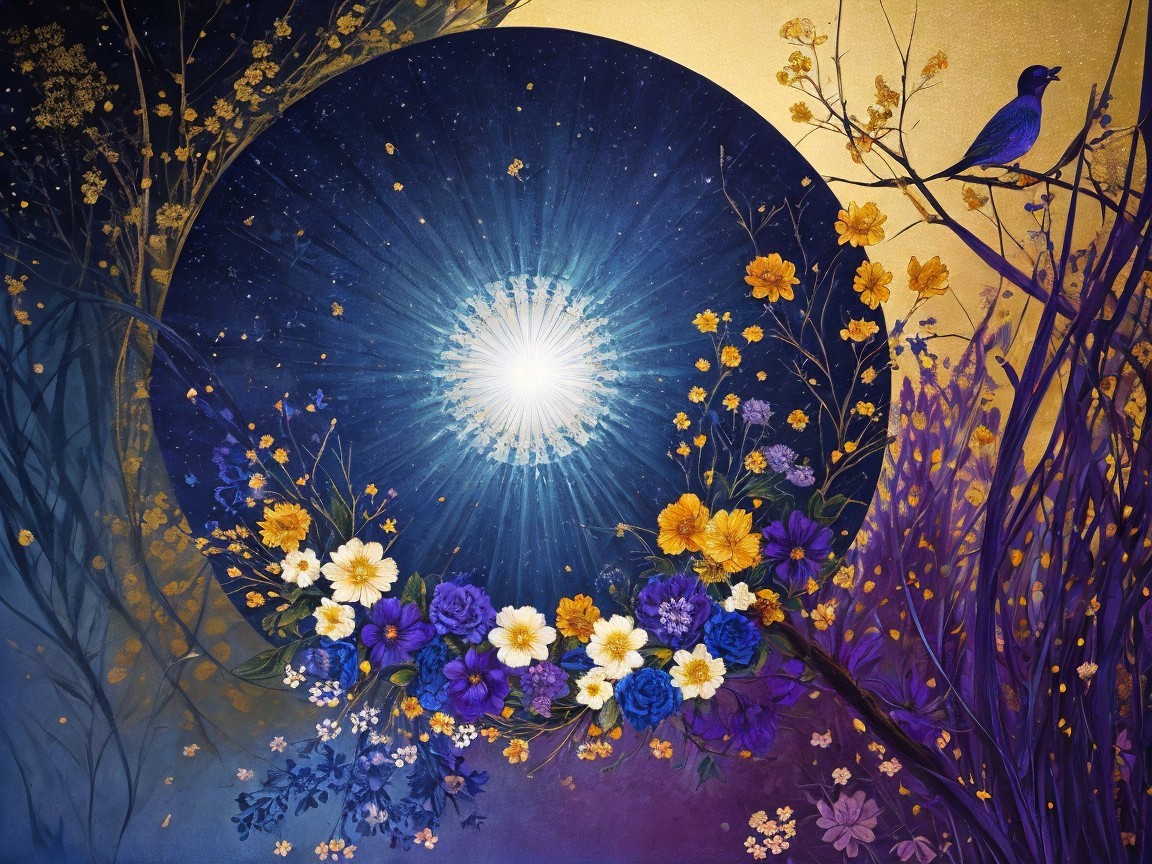 Radiant Artwork with Celestial Blue and Vibrant Flowers