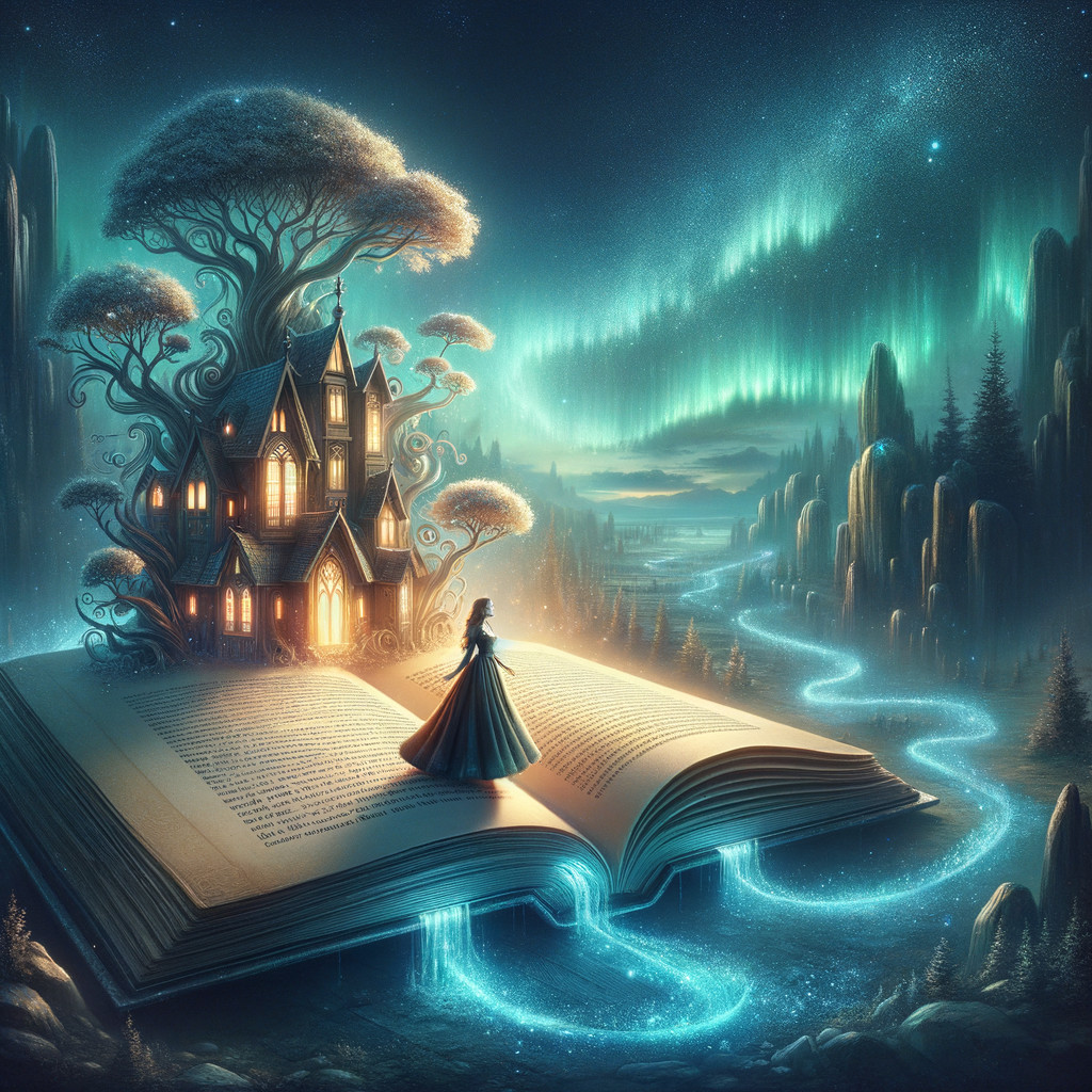 Open Book on River with Whimsical House and Auroras