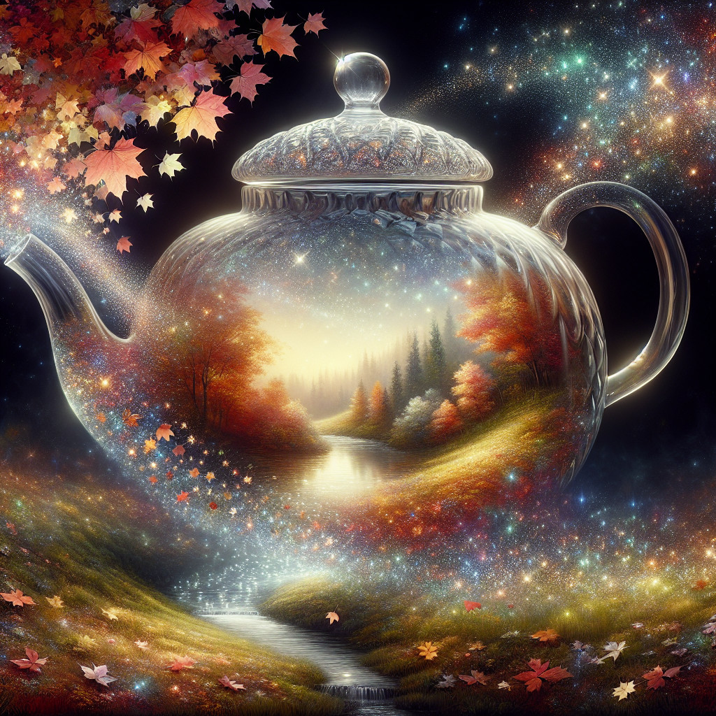 Whimsical Teapot with Autumn Landscape and Stars