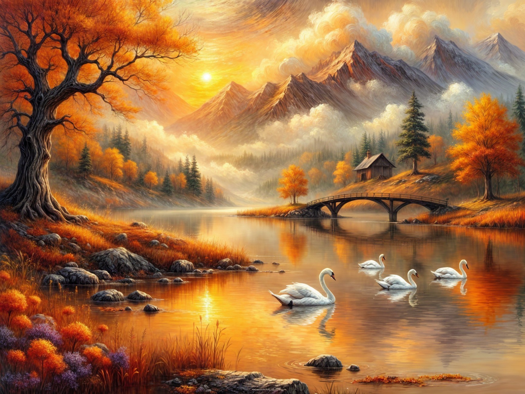 Serene Autumn Landscape with Lake and Swans