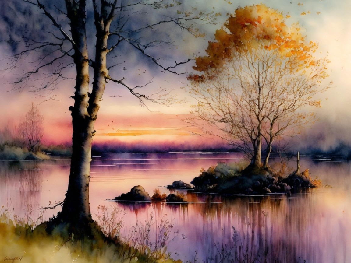 Tranquil Dusk Landscape with Lake and Autumn Trees