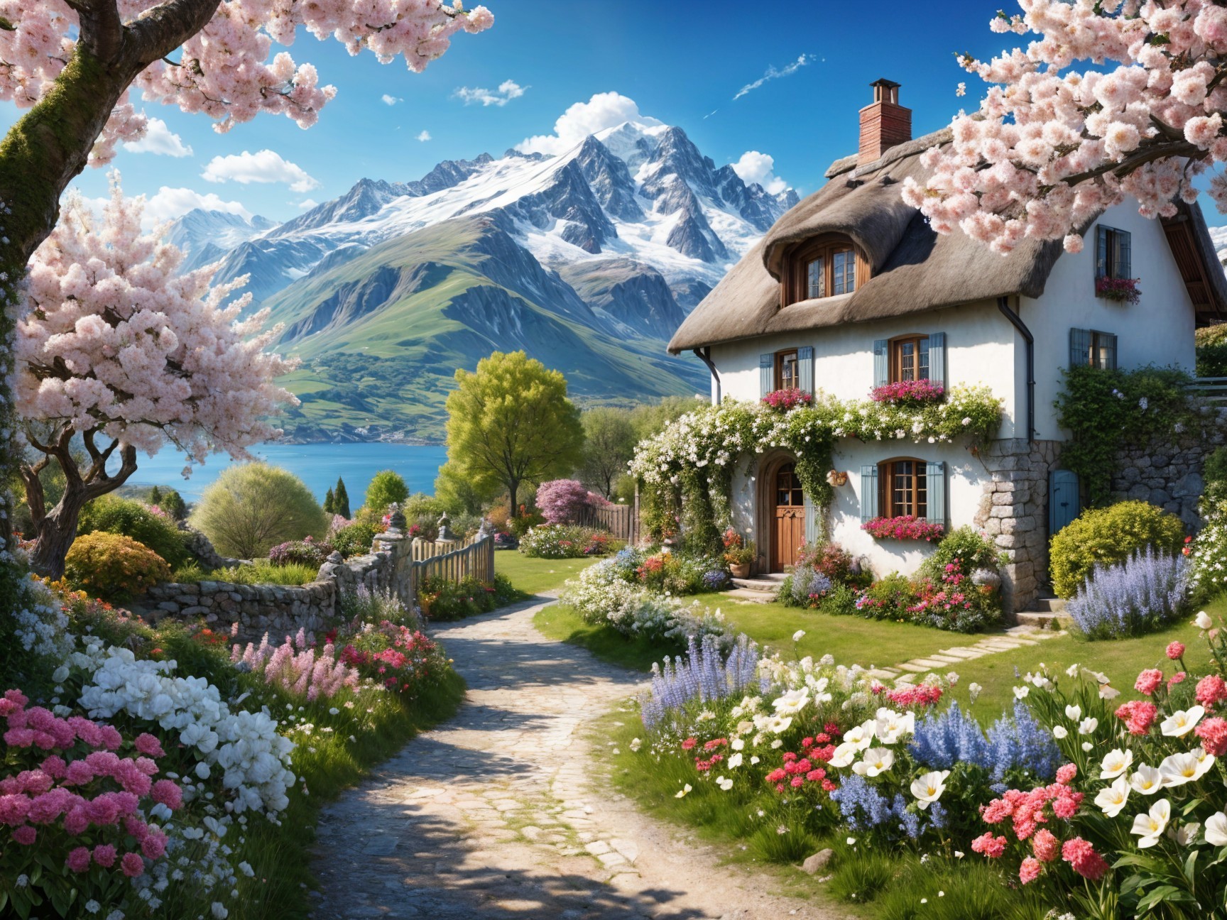 Rural Cottage Surrounded by Flowers and Mountains