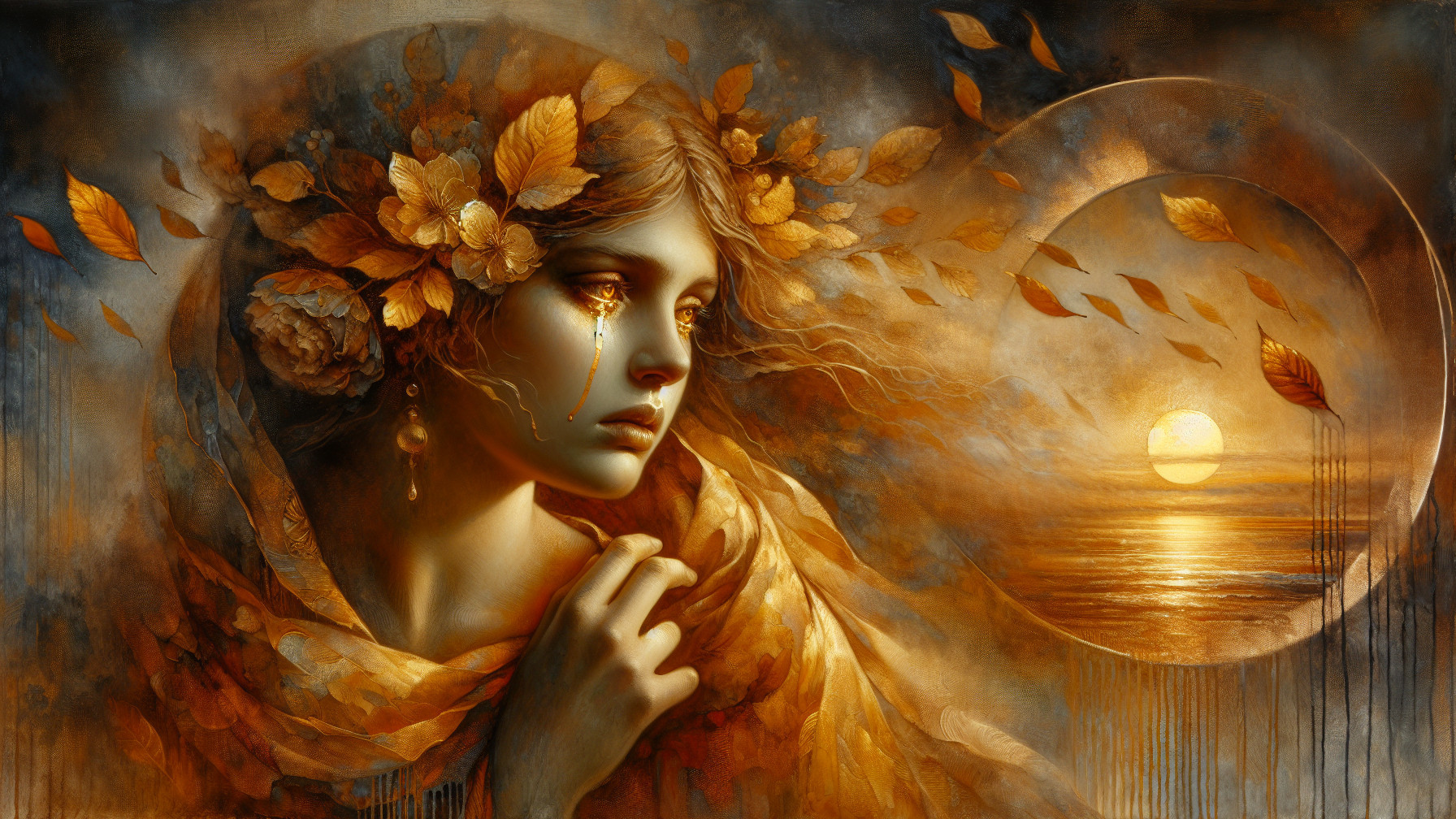 Melancholic Woman with Golden Leaves and Flowers