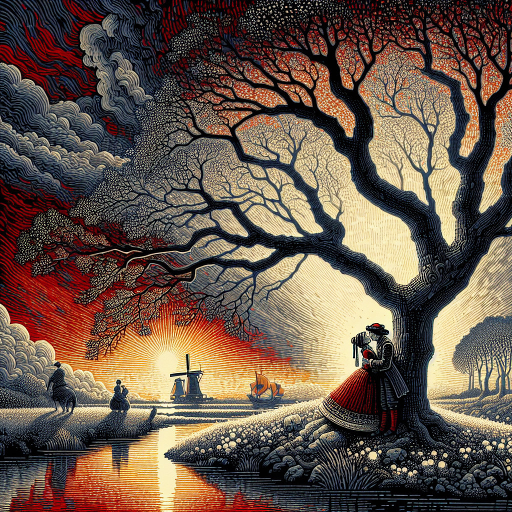 Dramatic Sunset with Historical Couple and Windmills