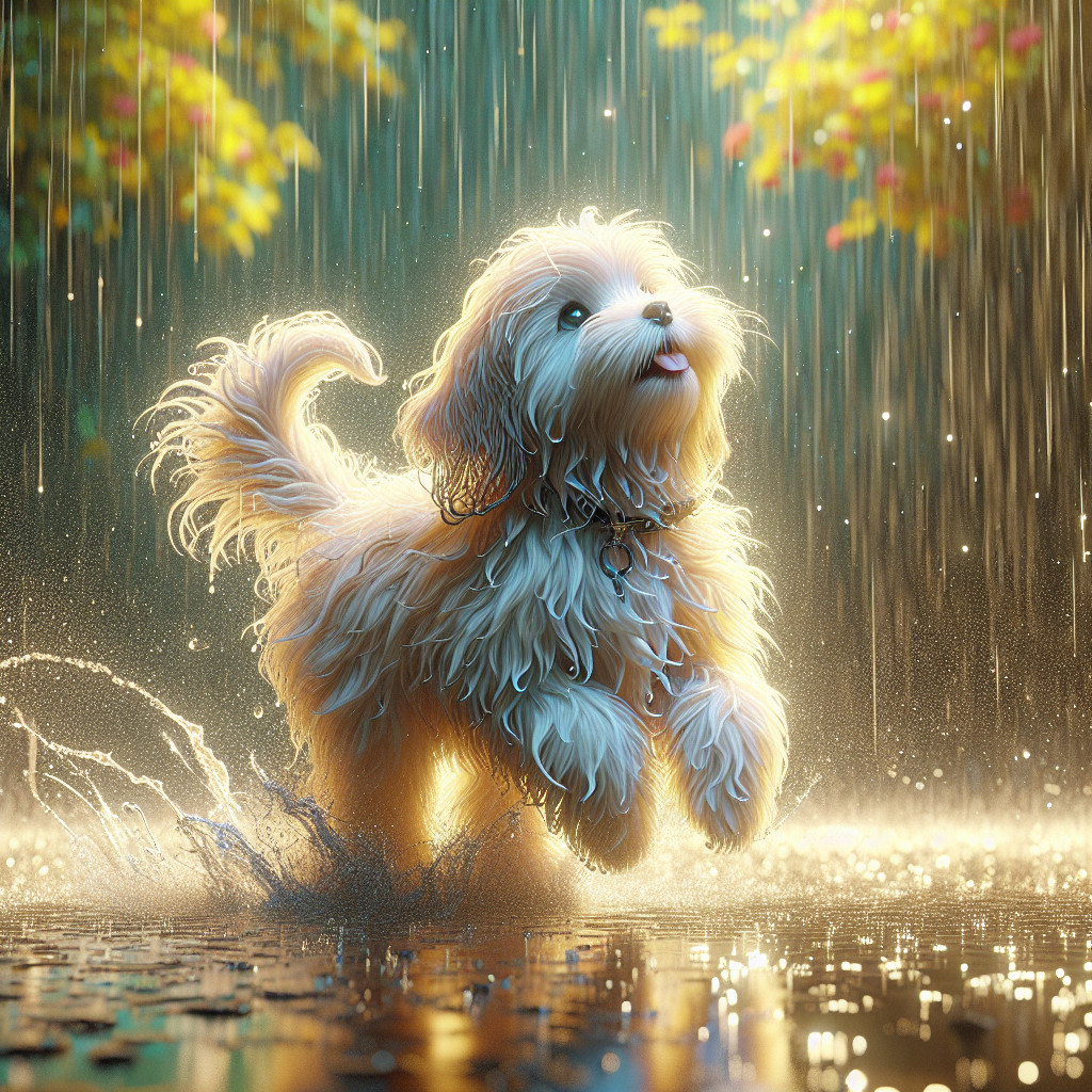 Joyful Dog Playing in Rain with Puddles and Light