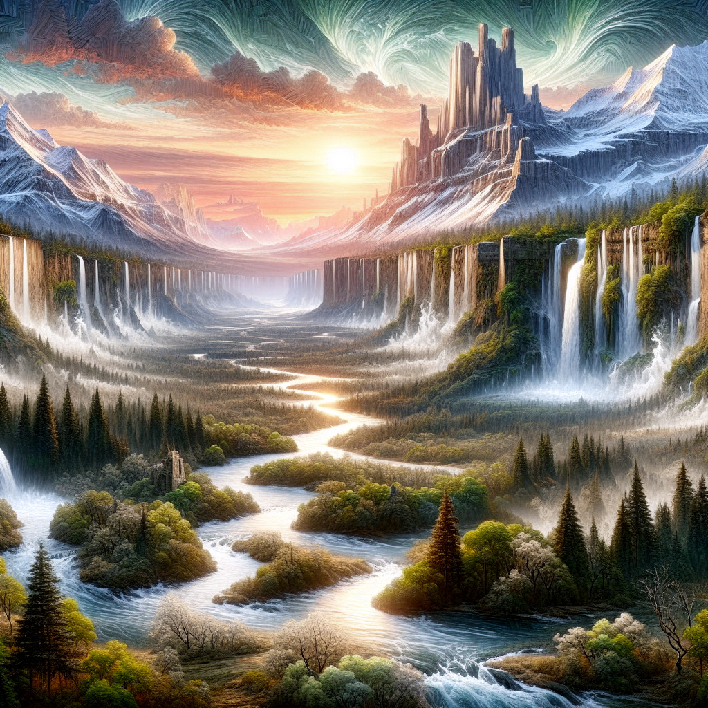 Majestic Mountains and Waterfalls in a Serene Landscape