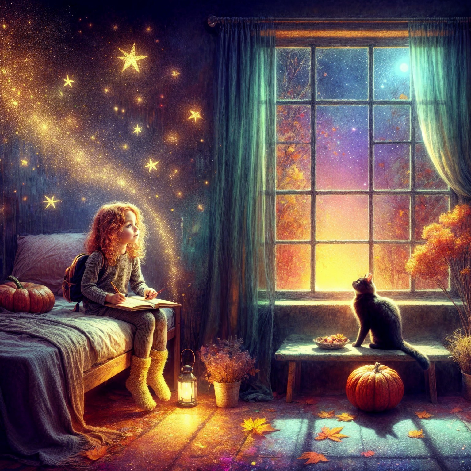 Cozy Room with Girl, Cat, and Starry Night Sky