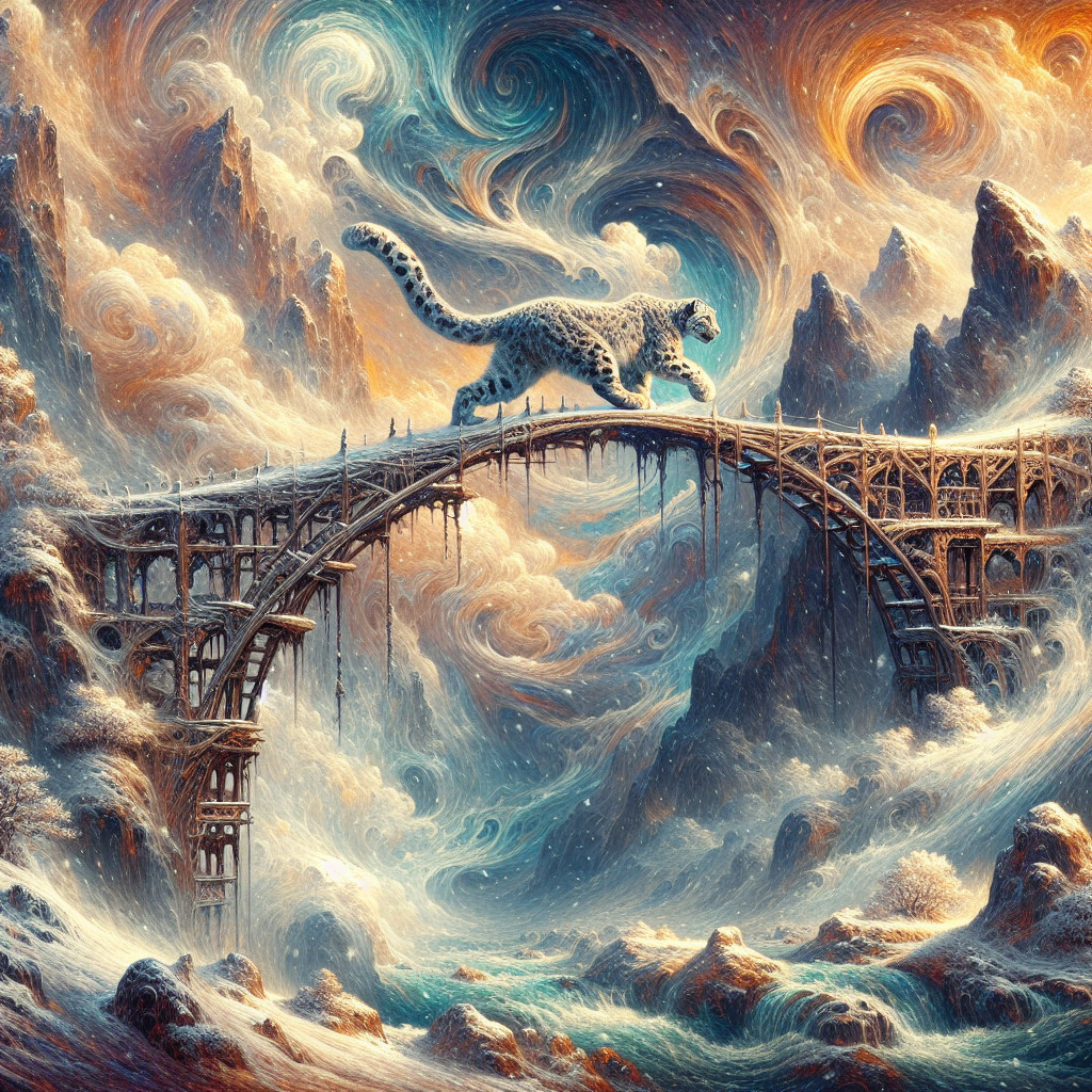 Leopard on Ornate Bridge Above Colorful Clouds