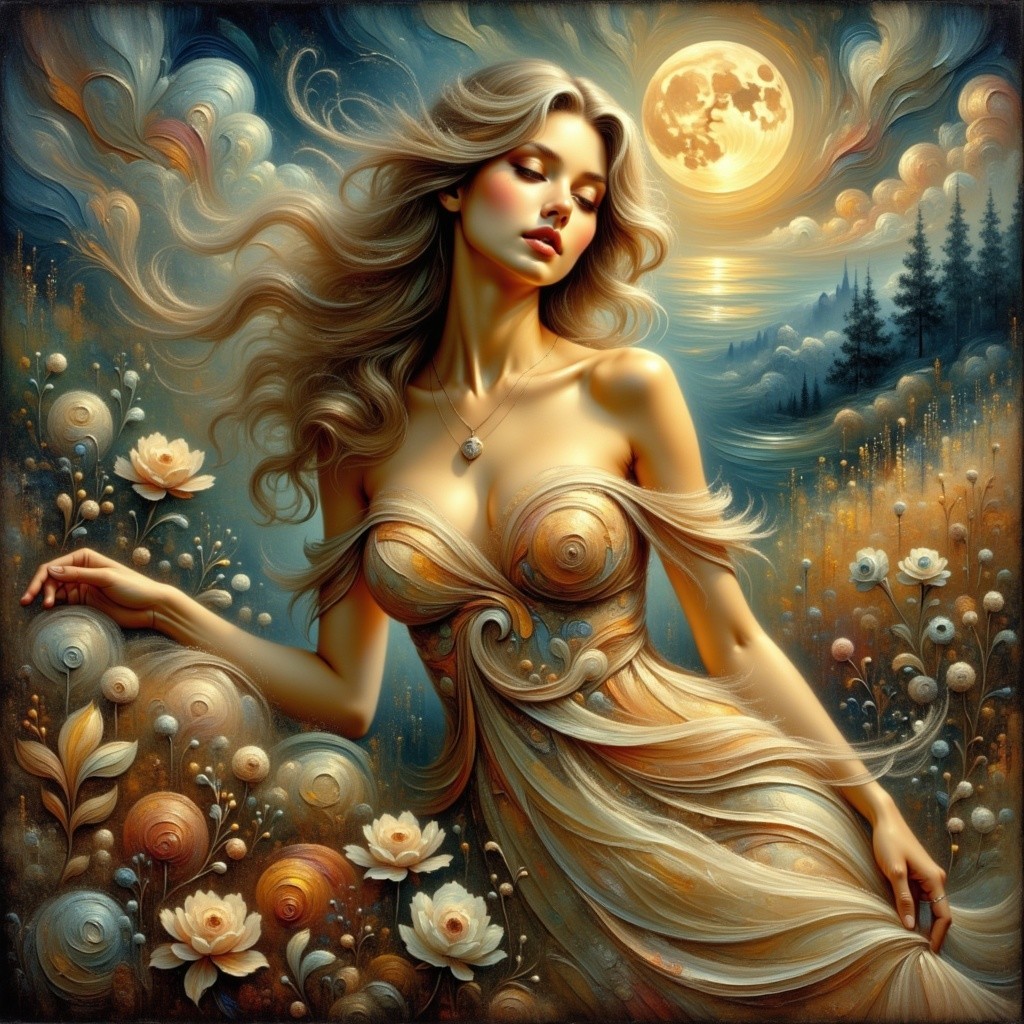 Graceful Woman in Flowing Gown Among Flowers and Moonlight