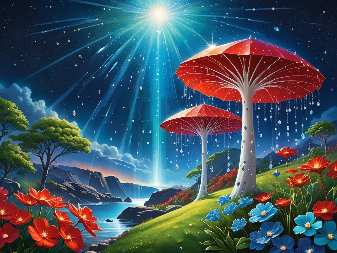 Surreal landscape with oversized red mushrooms and flowers