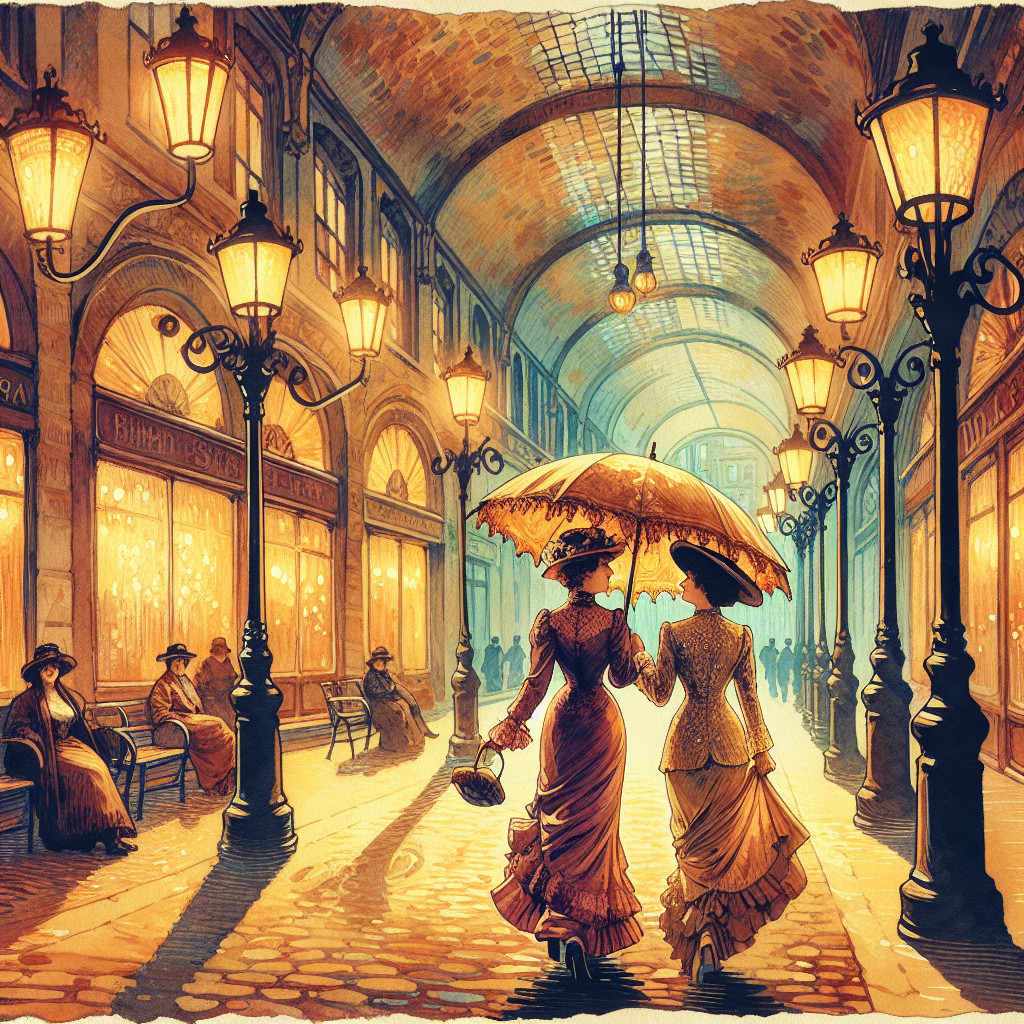 Vintage Arcade Scene with Elegant Women and Warm Lights