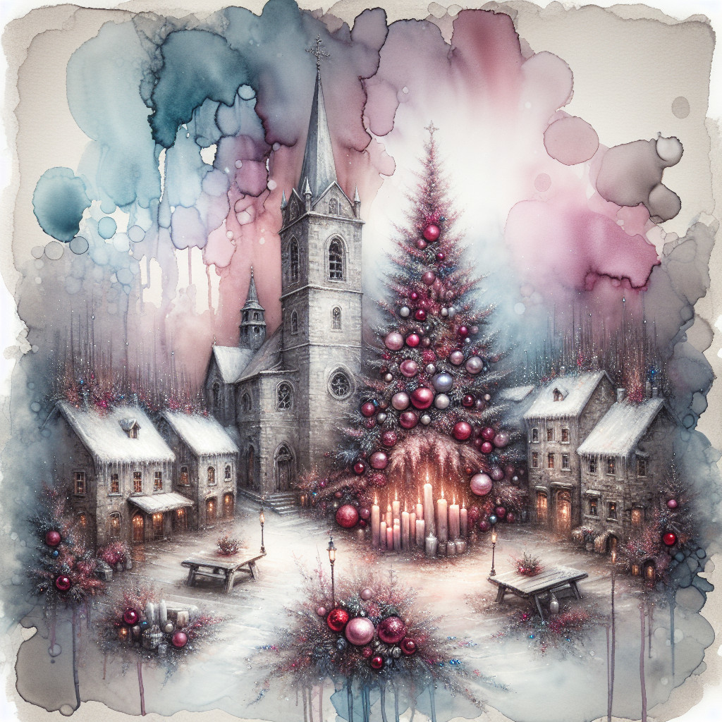 Winter Village Scene with Church and Christmas Tree