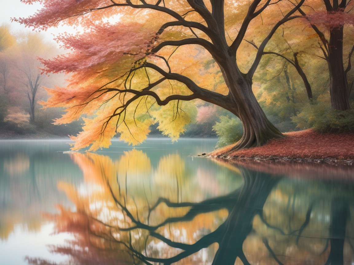 Autumn Landscape with Tree and Lake Reflection