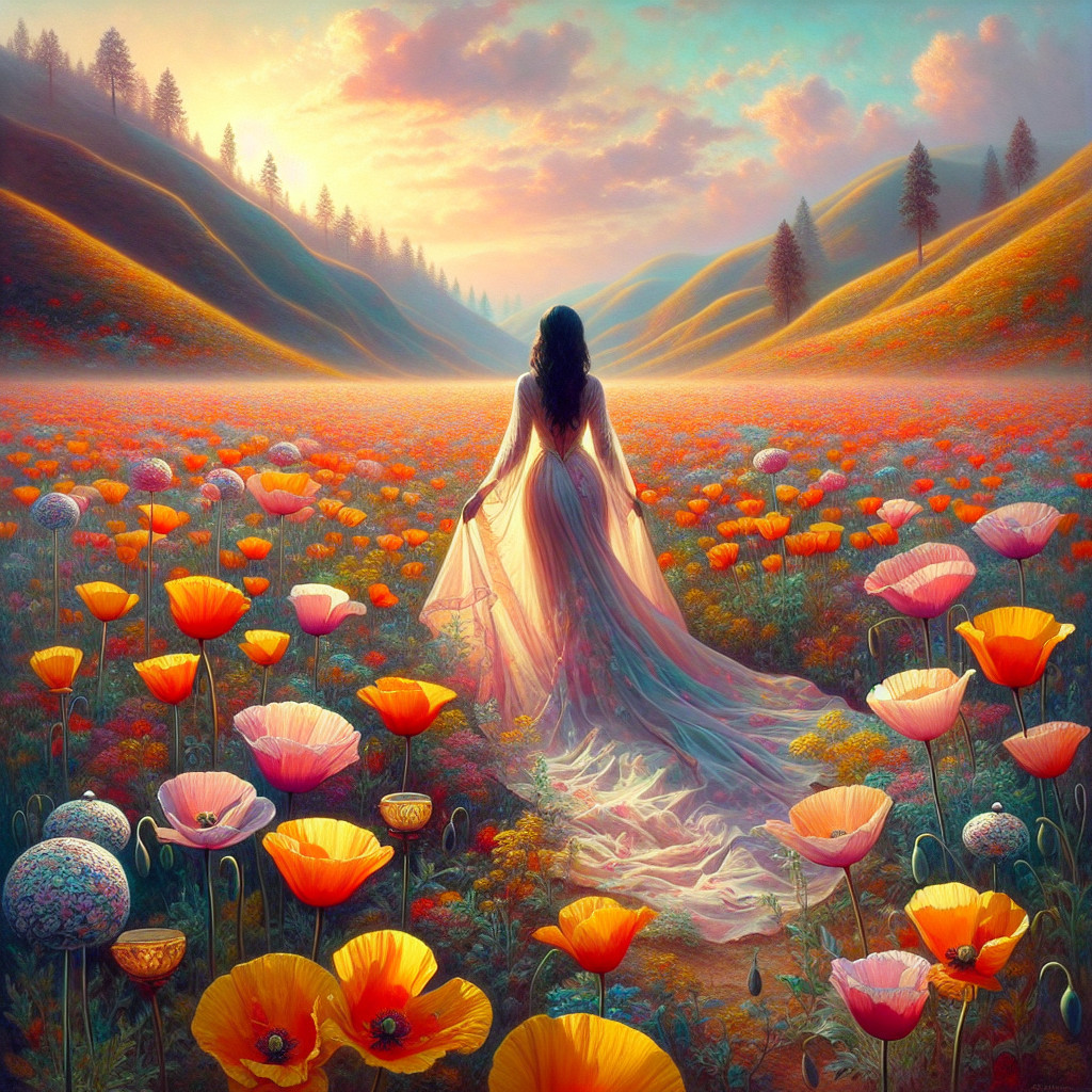 Serene Landscape with Wildflowers and Sunset Sky