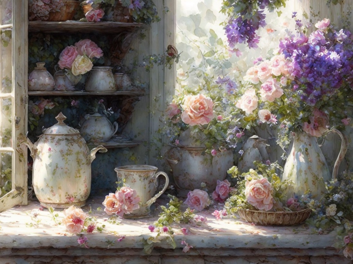 Vintage Porcelain Teapots with Pastel Roses Displayed